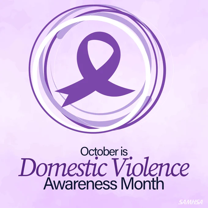 Domestic Violence Awareness Month with a purple ribbon inside a circle, against a lilac background