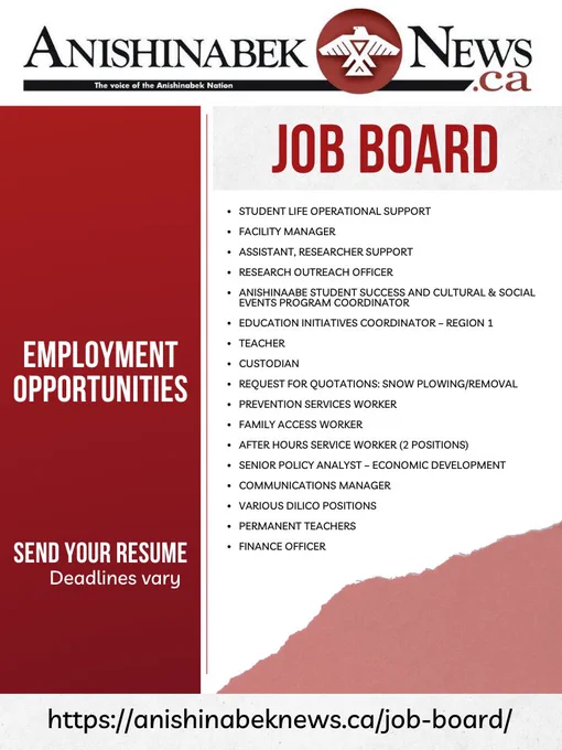 Check out the latest listings on the Anishinabek News Job Board at https://anishinabeknews.ca/category/jobs/ 📋
