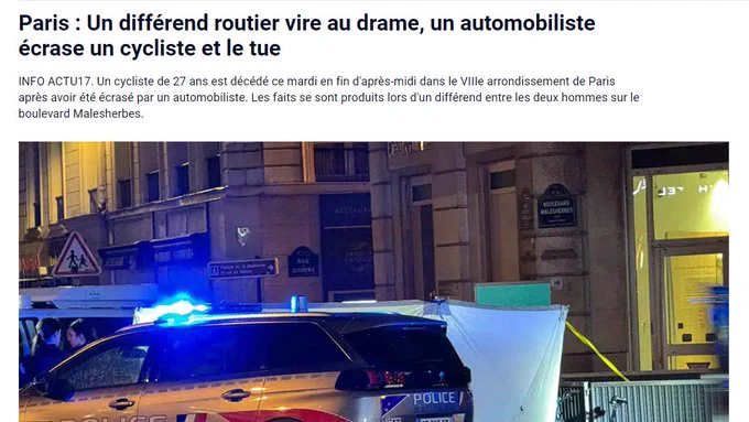 Paris : Un différend routier vire au drame, un automobiliste écrase un cycliste et le tue https://actu17.fr/faits-divers/paris-un-differend-routier-vire-au-drame-un-automobiliste-ecrase-un-cycliste-et-le-tue.html