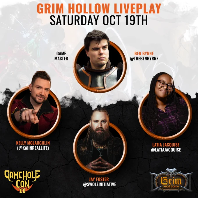 The heading says "Grim Hollow Liveplay, Saturday Oct 19th". The rest of the image shows photos of Ben Byrne, LaTia Jacquise, Jay Foster, and Kelly McLaughlin.
