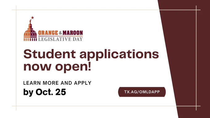Student applications for Orange and Maroon Legislative Day 2025 are now open. Learn more and apply by October 25 at tx.ag/OMLDapp