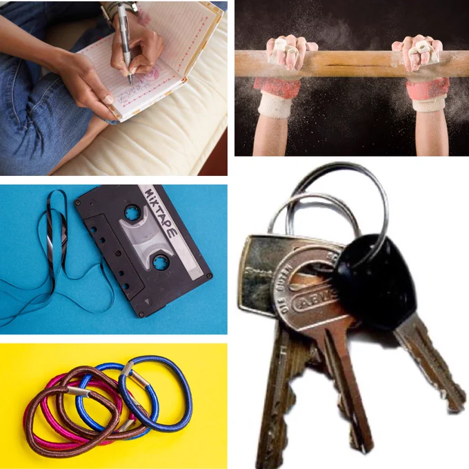 A collection of images related to Lana's character: car keys, a journal, a cassette mixtape, some hairties, and a gymnast's hands gripping a pole.