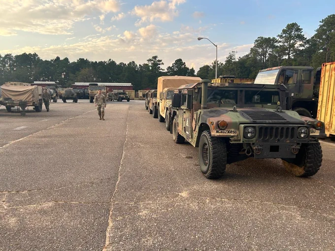 Thunderbolts of 1-252nd Armor Regiment reporting to Fayetteville, Red Springs, Parkton, Southern Pines, Sanford and Smithfield, North Carolina, on October 2nd, 2024. The North Carolina National Guard deploys military capabilities in support of State authorities in order to protect the lives and properties of fellow Citizens. (Photo courtesy of unit.)