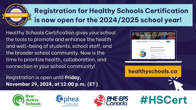 Registration for Healthy Schools Certification is now open for the 2024/2025 school year!

Healthy Schools Certification gives your school the tools to promote and enhance the health and well-being of students, school staff, and the broader school community. Now is the time to prioritize health, collaboration, and connection in your school community!

Registration is open until Friday,
November 29, 2024, at 12:00 p.m. (ET).

healthyschools.ca