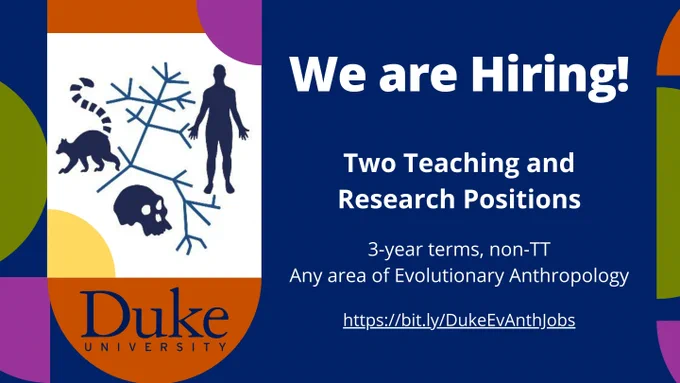 Flyer with the department logo and the words "We're hiring! Two teaching and research positions, non-tenure track, 3-year term, any area of evolutionary anthropology." and the url  https://bit.ly/DukeEvAnthJobs