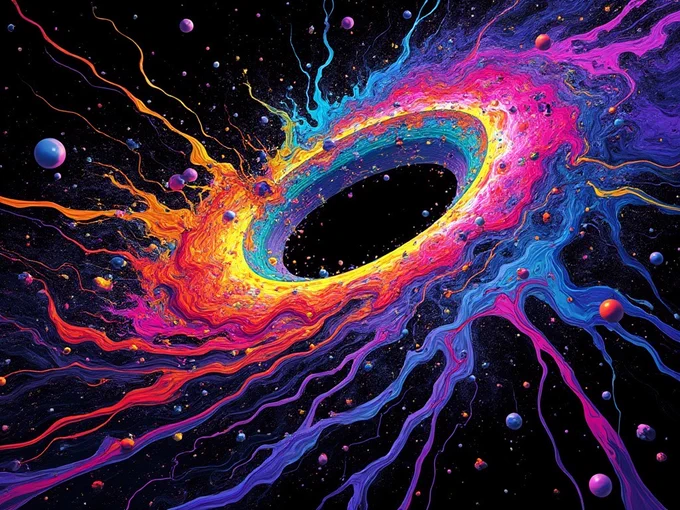 [𝕏Ai Grok 2 Fun beta] 

Create an image where colors explode like a supernova in a black void, with shapes that twist and turn like a roller coaster designed by M.C. Escher. Imagine a fusion of Jackson Pollock's action painting with the vibrancy of a neon sign graveyard, all swirled together in a cosmic blender. The scene should evoke the feeling of an interdimensional carnival ride, where every pixel seems to dance to the chaotic rhythm of the universe.