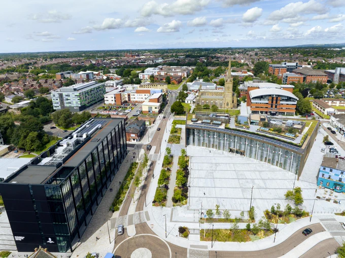 Aerial shot of UCLan campus in Preston