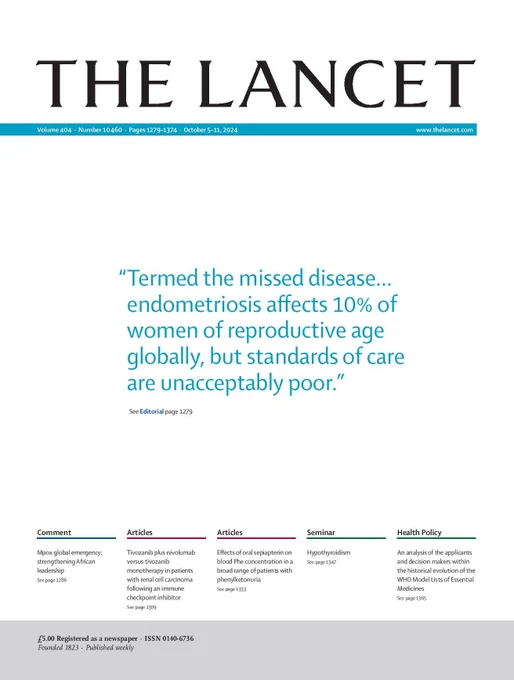 Cover of The Lancet, Oct 5 issue: "Termed the missed disease...endometriosis affects 10% of women of reproductive age globally, but standards of care are unacceptably poor."