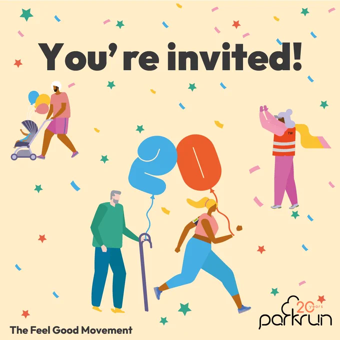 Graphic with various illustrations of people on it, including two of them holding 20th birthday balloons and a background of confetti illustrations. On top of this is the following text - You're invited, The Feel Good Movement.