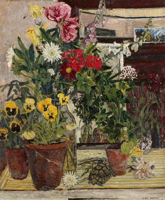 Overgrown pots of flowers on a surface, with a turtle in the foreground, and a face through the foliage reflected in a mirror