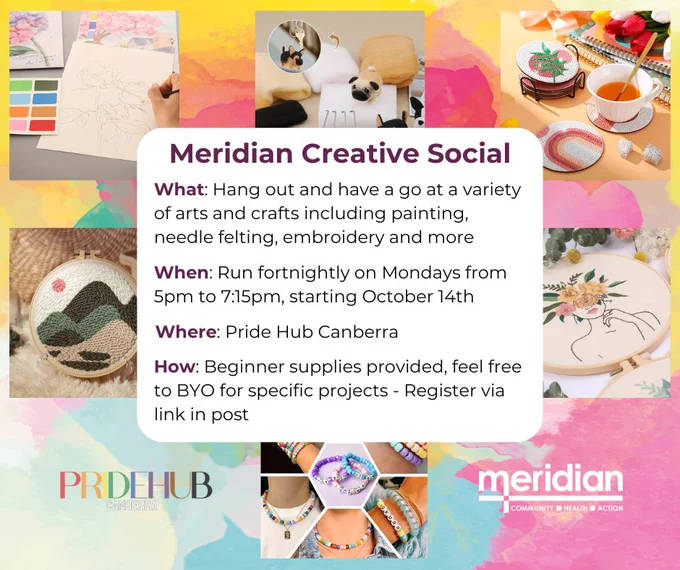 Image description: Numerous art and craft projects form the background for a brief description of the new Meridian Creative Social event.