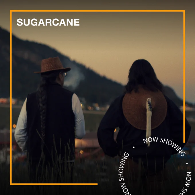 Two people stand in a field looking at the distance. Text - Sugarcane, Now Showing