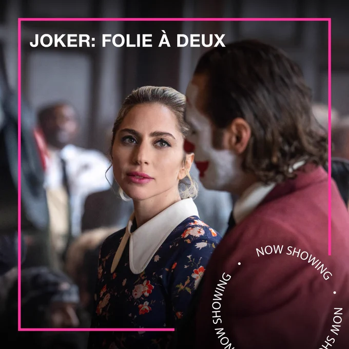 A woman with blonde hair looks at a man wearing clown makeup. Text - Joker: Folie à Deux