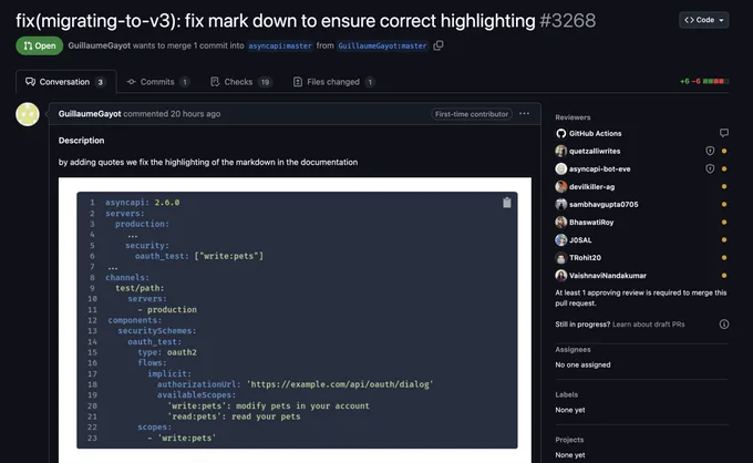 pull request ouverte sur le repository du site asyncapi