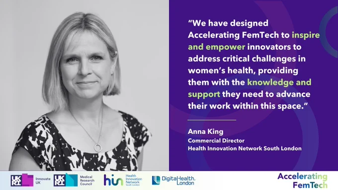 Accelerating FemTech graphic with photograph of Anna King, Commercial Director and the HIN, and quote about the programme.