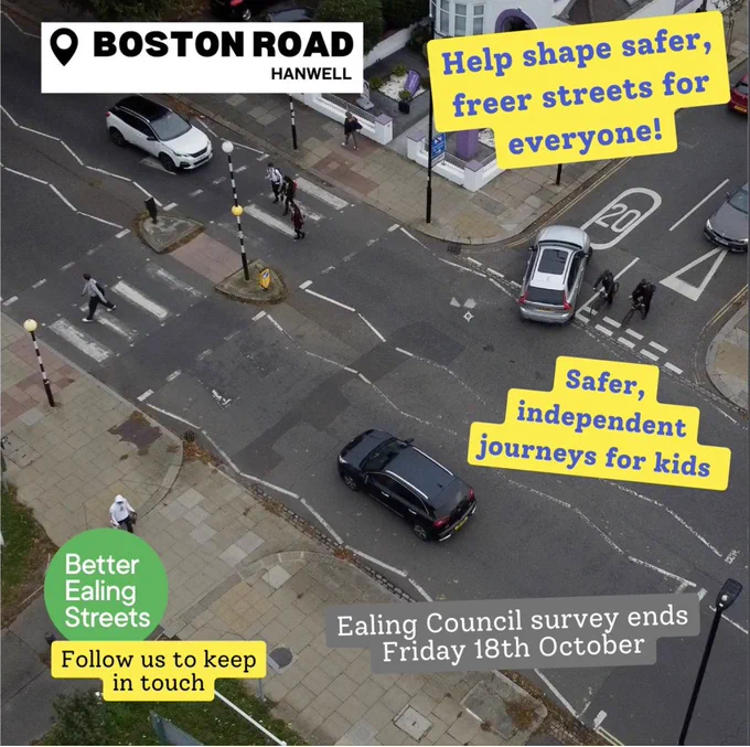 An aerial view of Boston Road in Ealing with text promoting a survey on street improvements being run by Ealing Council