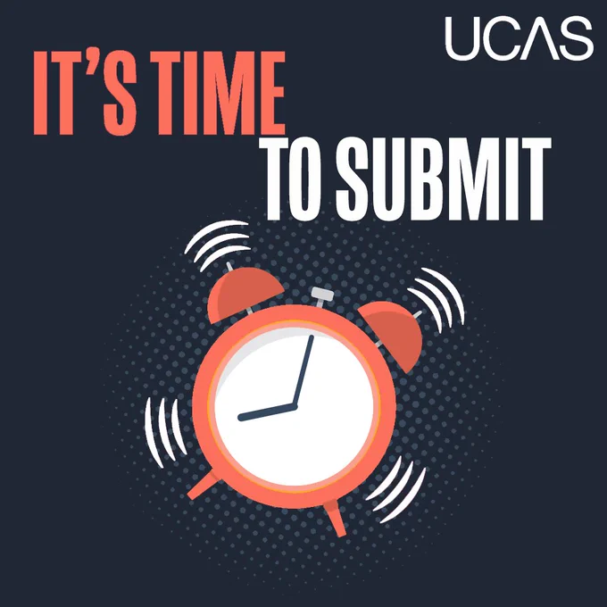 Graphic featuring a bright orange alarm clock with the text "It's time to submit" above it. The UCAS logo is prominently displayed.