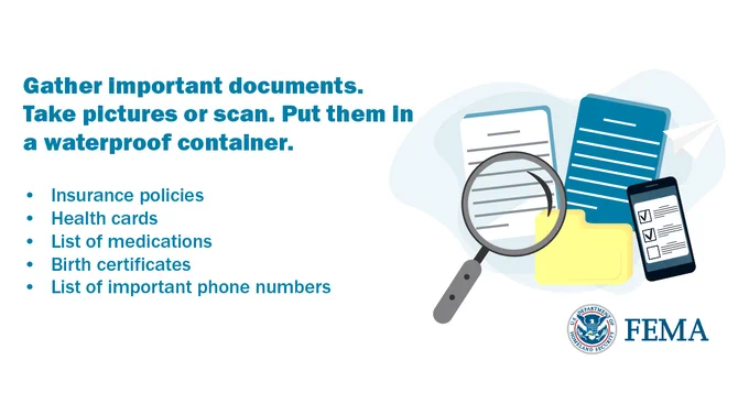 Right side of graphic is a magnifying glass, a folder and documents and a mobile phone. Text: Gather important document. Take pictures or scan. Put them in a waterproof container. Insurance policies, health cards, list of medications, birth certificates, list of important numbers. FEMA logo.