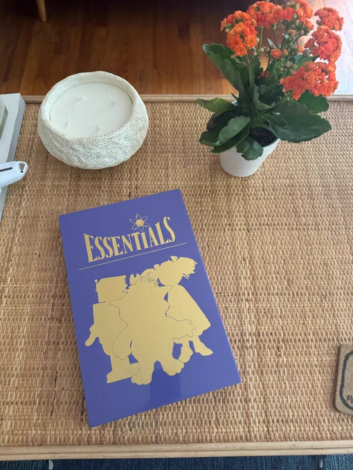 A copy of ESSENTIALS (in dark purple with gold outlines of title and characters) lays on a table top with a woven top. There is a white vase of pink flowers with green leaves in the upper right corner and a white candle with four wicks in the upper left corner.