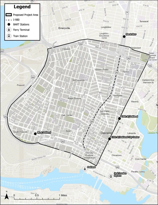 map of west oakland with a dotted line indicating the Hwy 980 corridor
