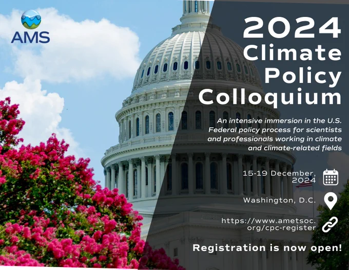 Promotional image for the 2024 Climate Policy Colloquium, showing the United States Capitol under a clear sky, surrounded by lush green trees and pink flowers. 

The text includes a link to register for the 2024 CPC: https://www.ametsoc.org/cpc-register