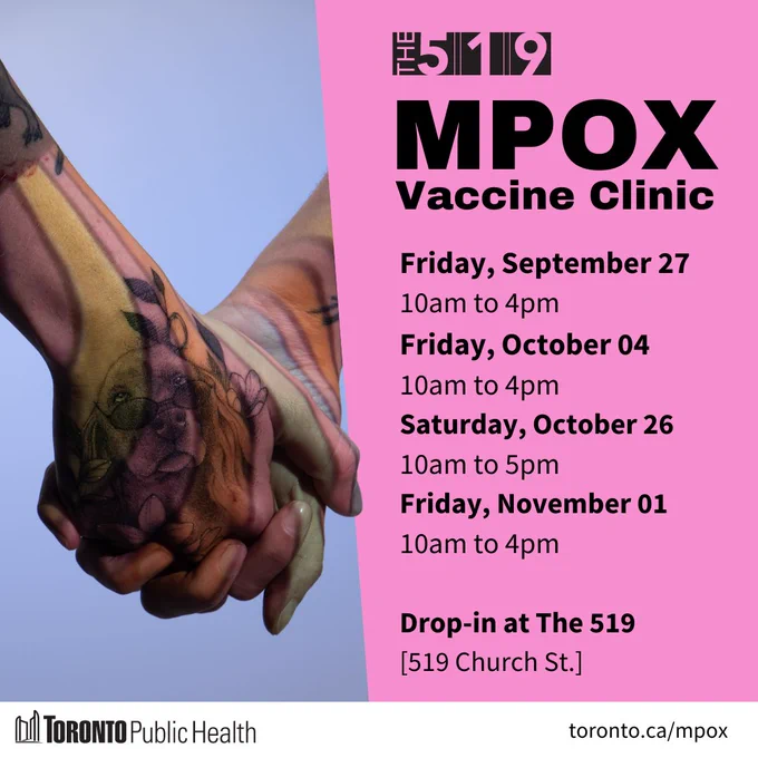 Image of holding hands and mpox vaccination clinics on the right hand side.