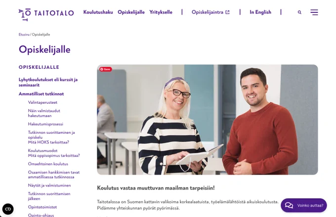 Screenshot from Taitotalo's new website on Drupal.