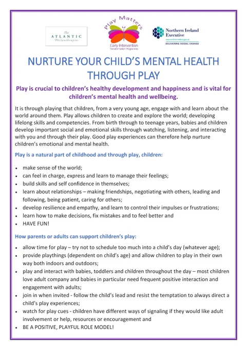 Nurturing your child's mental health through play information sheet