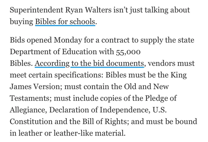 Superintendent Ryan Walters isn’t just talking about buying Bibles for schools. 

Bids opened Monday for a contract to supply the state Department of Education with 55,000 Bibles. According to the bid documents, vendors must meet certain specifications: Bibles must be the King James Version; must contain the Old and New Testaments; must include copies of the Pledge of Allegiance, Declaration of Independence, U.S. Constitution and the Bill of Rights; and must be bound in leather or leather-like material.