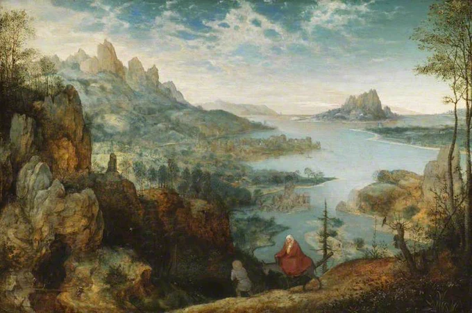 A man and a woman on a donkey are in the foreground, with a vast landscape behind them of mountains, trees and water