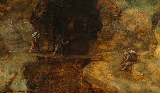 Detail of 'Landscape with the Flight into Egypt' showing three figures crossing a bridge