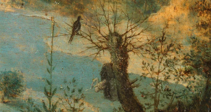 Detail of 'Landscape with the Flight into Egypt', showing the sky and a bird at the top of a tree