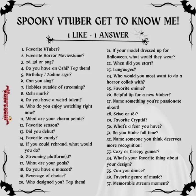 A spooky picture of an ask game. On the left side is the logo for VTuber Vampeachi. The top text reads "Spooky Vtuber Get To Know Me!" Text under that reads "1 Like = 1 Answer."
For the individual questions please message Khat.