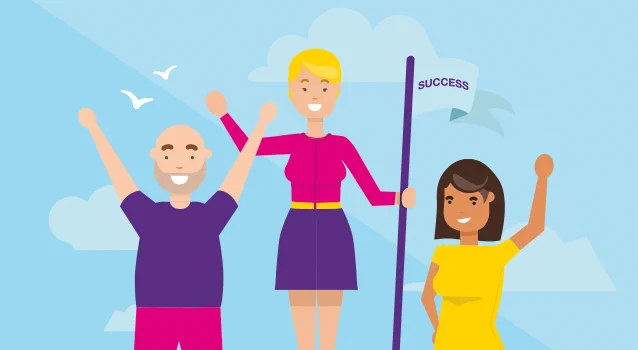 An illustration of three people standing against a blue sky, they are smiling with their arms in the air. The person in the middle is holding a flag which says 'success'