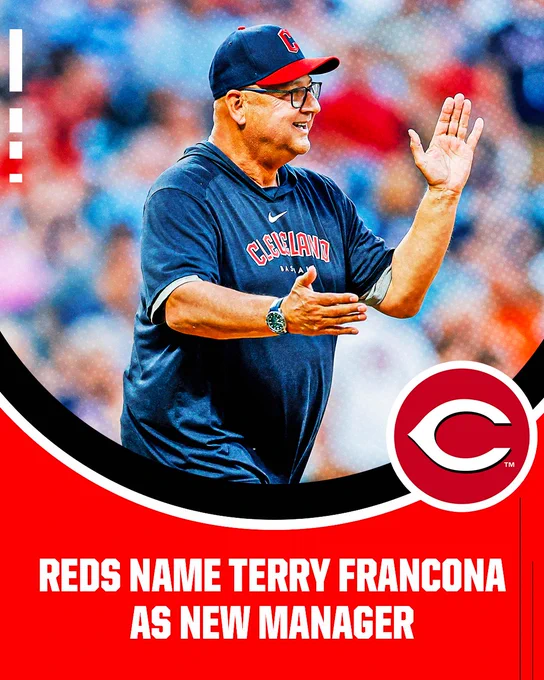 Reds name Terry Francona as New Manager
Pictured: Terry Francona smiles on the field as he prepares to clap his hands. He is wearing a Cleveland Guardians shirt and cap.