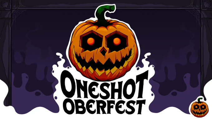 A stylized logo that reads One Shot Oberfest, with a cartoon, ginning jack-o-lantern above it. The pumpkin has the One Shot logo for eyes. The background is a spooky purple, while the foreground and backing for the words is in white and looks kind of ghostly. The frame for the image looks like a creepy house's door frame.
