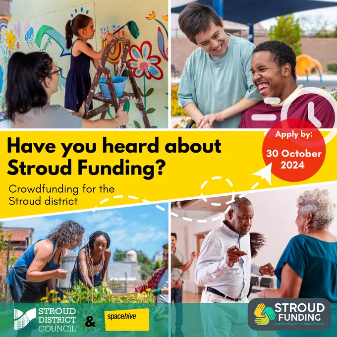 Poster showing four different photos: 1. a child painting a wall2. two people laughing 3. a group of people gardening 4. a dance class. Text reads Have you heard about Stroud Funding? Crowdfunding for the Stroud district. apply by 30 October