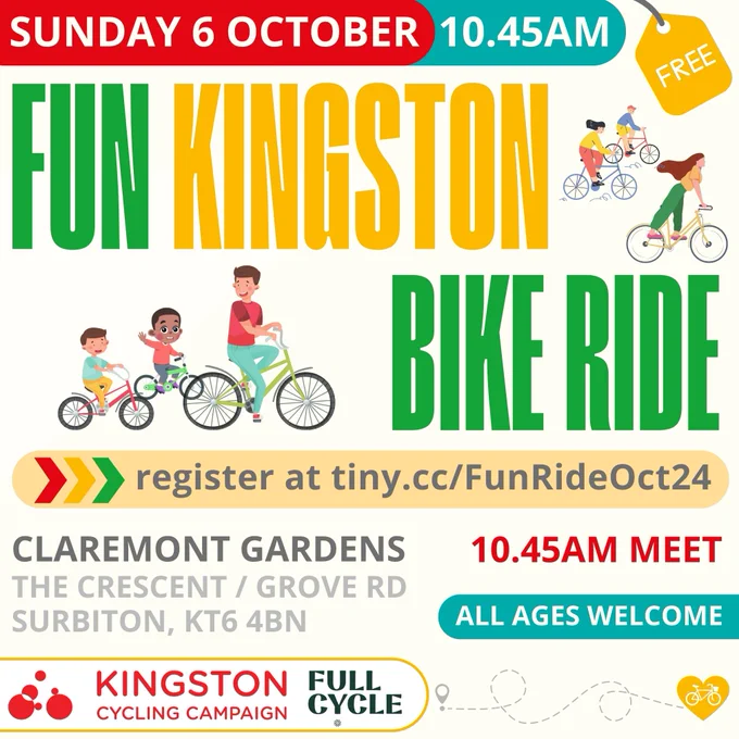 Kingston Cycling Campaign's final family-friendly ride of the year will set off from Claremont Gardens on Sunday 6 October at 10.45am.