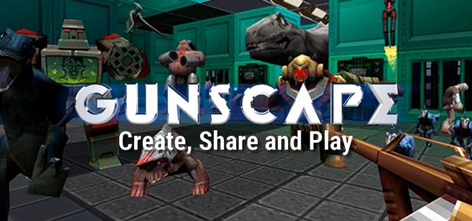 Promo-Grafik für einen Retro-Styled-Shooter namens Gunscape. Es sind verschiedene Gegner-Modelle wie Roboter, Dinosauerier und Cyborgs zu sehen. Die Grafik ist eher grobschlächtig und Low-Poly.
