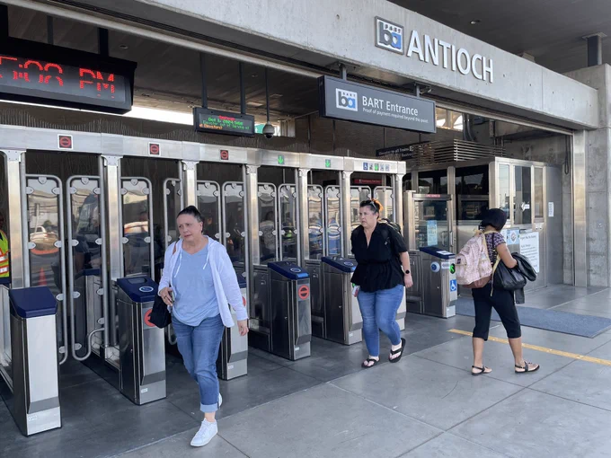 Riders leaving Antioch station.