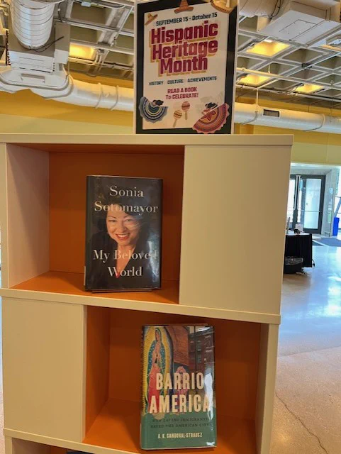 A book display for Hispanic Heritage Month at RLB Library.