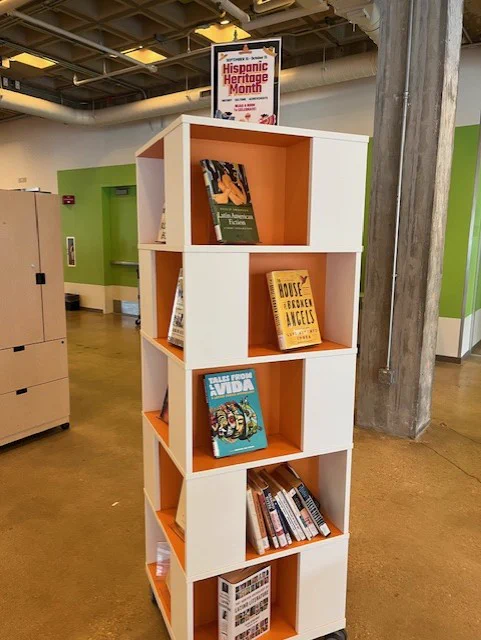 A book display for Hispanic Heritage Month at RLB Library.