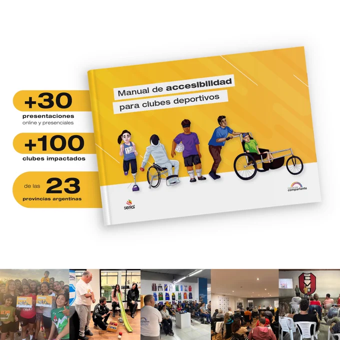Imagen con fondo blanco que muestra una foto del Manual de Accesibilidad, acompañada de los textos: "Más de 30 presentaciones online y presenciales" y "Más de 100 clubes impactados de las 23 provincias argentinas". Debajo, hay cinco fotos de presentaciones presenciales realizadas en el marco del programa.
