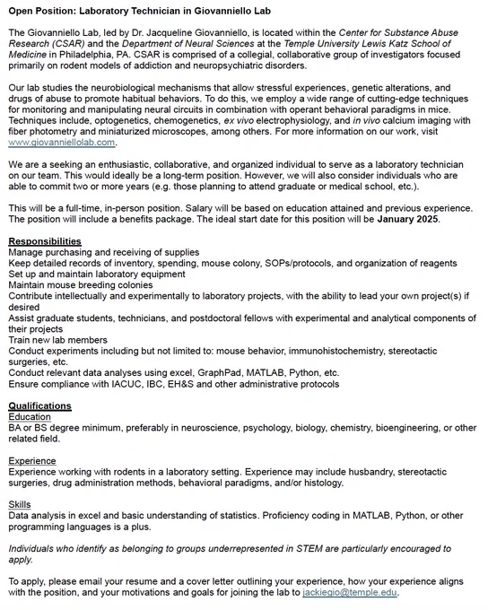 Job posting for a laboratory technician in the Giovanniello Lab at Temple University.