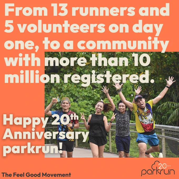Graphic with image of parkrun participants and the following text - From 13 runners and 5 volunteers on day one, to a community with more than 10 million registered. Happy 20th Anniversary parkrun.