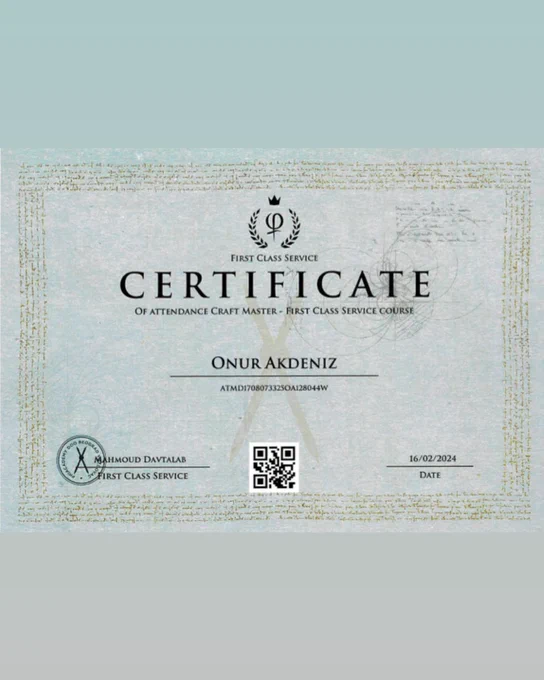 Certificate of First Class Service Course by PhiAcademy for Onur Akdeniz