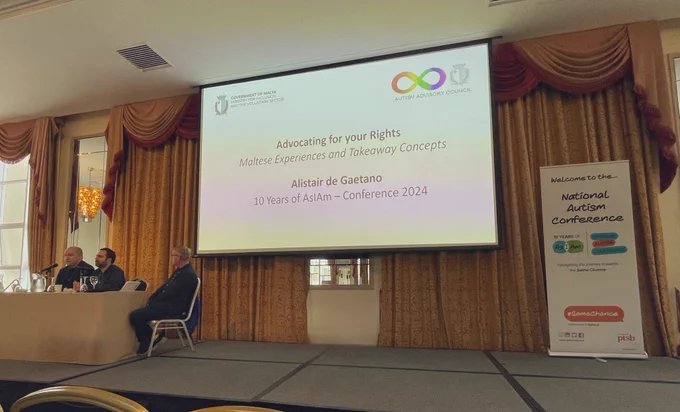 Breakout session at the National Autism Conference 2024 organised by AsIAm. From left: Chair of the session Adrian Carroll. Speakers from left: Alistair de Gaetano and Gareth Noble.

Title of the session is Advocating for your rights.