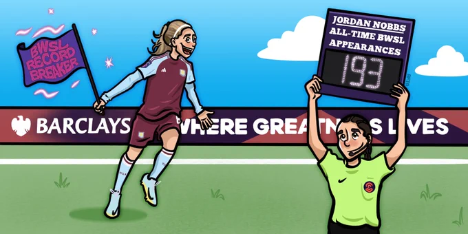 Illustration of Jordan Nobbs running with a flag that says 'BWSL Record Breaker' a match official holds up a subs board that reads 'Jordan Nobbs all-time BWSL appearances 193'