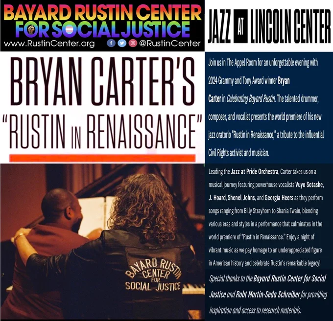 Get tix before we sell out & use code BRCSJ for special 20% discount for our Beloved Queer Community when checkin’ out~
https://jazz.org/concert/bryan-carter-celebrating-bayard-rustin/
