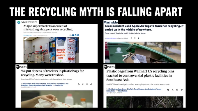The recycling myth is falling apart. Press articles, investigations showing that we won't recycle our way out of the plastic crisis. The solution is to cut plastic production. We need a strong and ambitious Global Plastics Treaty to do this.